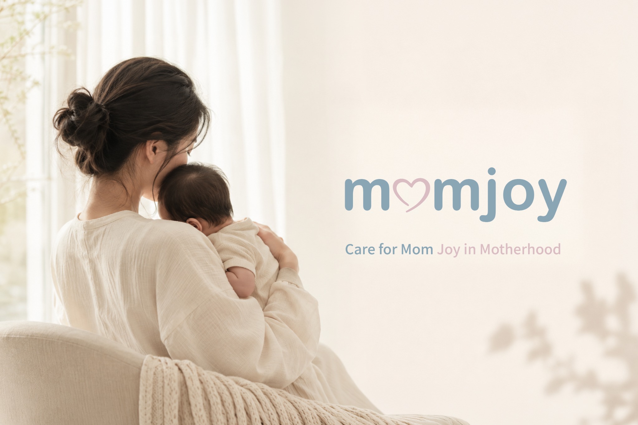 Momjoy postnatal wellness identity featuring a mother and baby